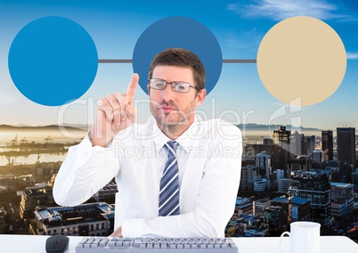 Businessman and Colorful mind map over city background