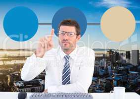 Businessman and Colorful mind map over city background