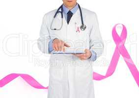 Doctor man with breast cancer awareness ribbon