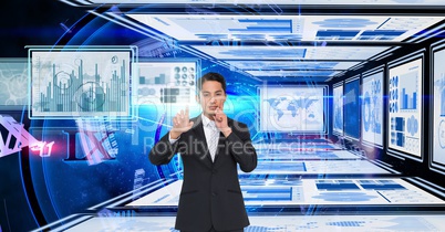 Businessman touching and interacting with technology interface panels