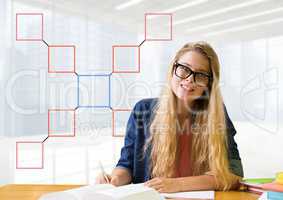 Businesswoman with mind map at desk