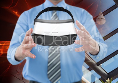 Man holding and interacting with virtual reality headset with transition effect