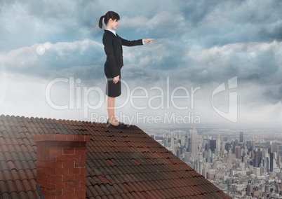 Businesswoman standing on Roof with chimney and cloudy city