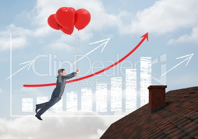 Incremented bar chart and Businessman floating with balloons by Roof with chimney and blue sky