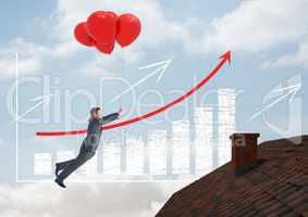 Incremented bar chart and Businessman floating with balloons by Roof with chimney and blue sky