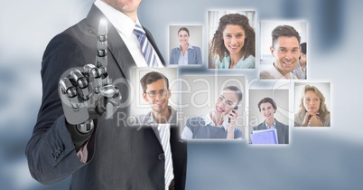 Robotic android Businessman interacting and choosing a person from group of people interface