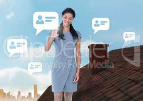 Chat profile bubbles and Businesswoman standing on Roof with chimney and city sky