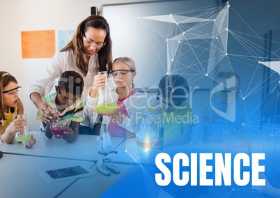 Science text and Science teacher with class