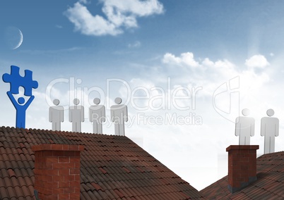 People icons on roofs with jigsaw puzzle piece