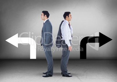 Left or right arrows with Businessman looking in opposite directions