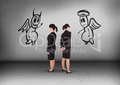 Good and evil graphics with Businesswoman looking in opposite directions