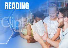 Reading text and Elementary school teacher with class