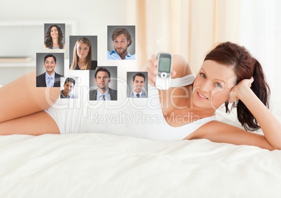 Woman holding phone with Profile portraits of people contacts