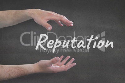 Hands interacting with reputation business text against grey background