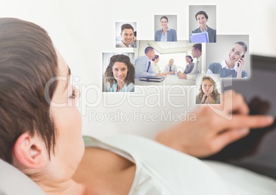 Man holding tablet with Profile portraits of people contacts