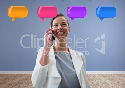 Woman on phone with shiny chat bubbles