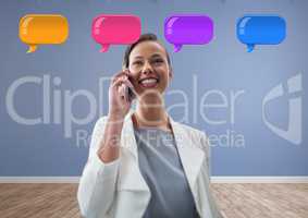 Woman on phone with shiny chat bubbles