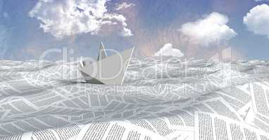 Paper boat on sea of documents under pastel sky clouds