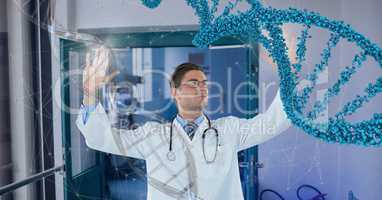 Doctor man interacting with 3D DNA strand