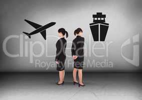 Plane or ship with Businesswoman looking in opposite directions