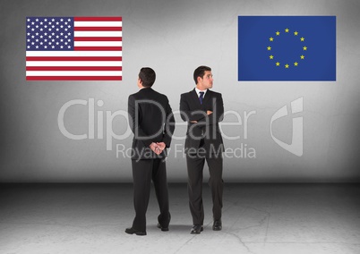America flag or Europe flag with Businessman looking in opposite directions
