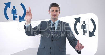 Businessman interacting and choosing a person from people icons with refresh symbols