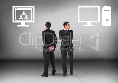 Blank Computer or computer network with Businessman looking in opposite directions