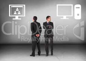 Blank Computer or computer network with Businessman looking in opposite directions