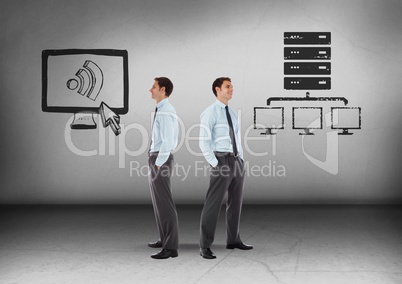 Computer wifi and computer servers storage with Businessman looking in opposite directions