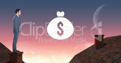 Money icon and Businessman standing on Roofs with chimney and moon sky