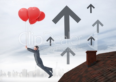 Up arrow icons and Businessman floating with balloons by Roof with chimney and foggy city