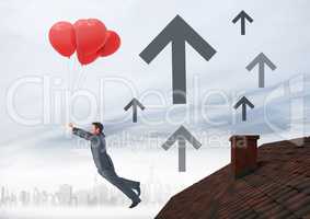 Up arrow icons and Businessman floating with balloons by Roof with chimney and foggy city