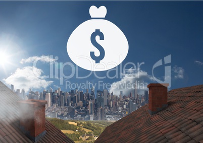 Money icon over roofs and city