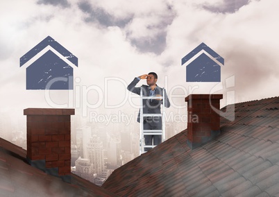 Businessman on property ladder with home icons over roofs