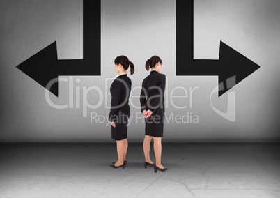 Left or right arrows with Businesswoman looking in opposite directions