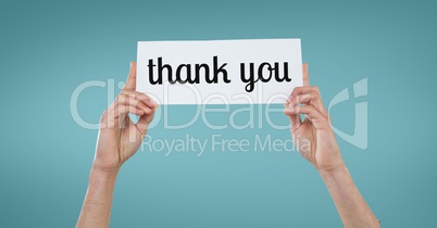 Business woman holding a card with thank you text