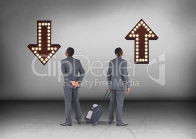 Up or down arrows with Businessman looking in opposite directions