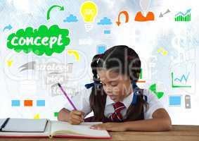 Schoolgirl writing at desk in front of colorful concept graphics