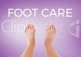 Foot Care text  and bare feet with purple background