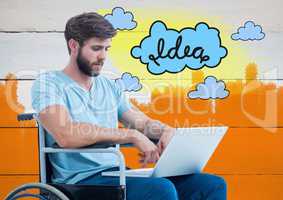Disabled man in wheelchair with colorful idea clouds