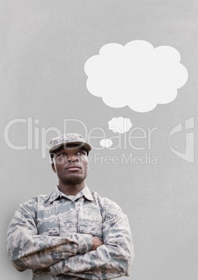 Soldier with speech bubble against grey background