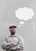 Soldier with speech bubble against grey background