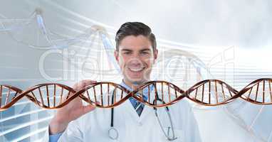 Happy doctor man with 3D DNA strand