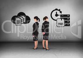 Computer file storage options with Businesswoman looking in opposite directions