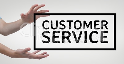 Hands interacting with customer service business text against white background