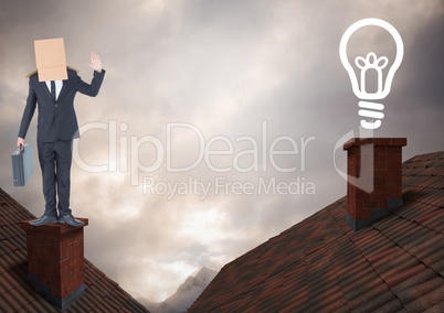 Light bulb icon and Businessman standing on Roofs with chimney and cardboard box on his head and dra