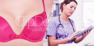 Composite image of mid section of woman in pink bra for breast cancer awareness