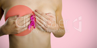 Composite image of naked woman with pink ribbon covering breast