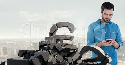 Broken concrete stone with money euro symbol and businessman in cityscape