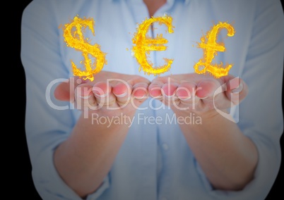 hands with money fire icons over. Black background
